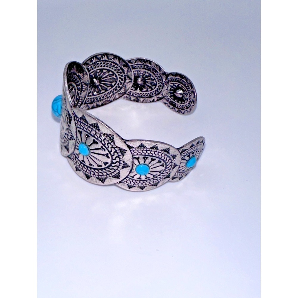 Bracelet Cuff Silvertone With Imitation Turquoise Small Boho Western - Picture 4 of 5